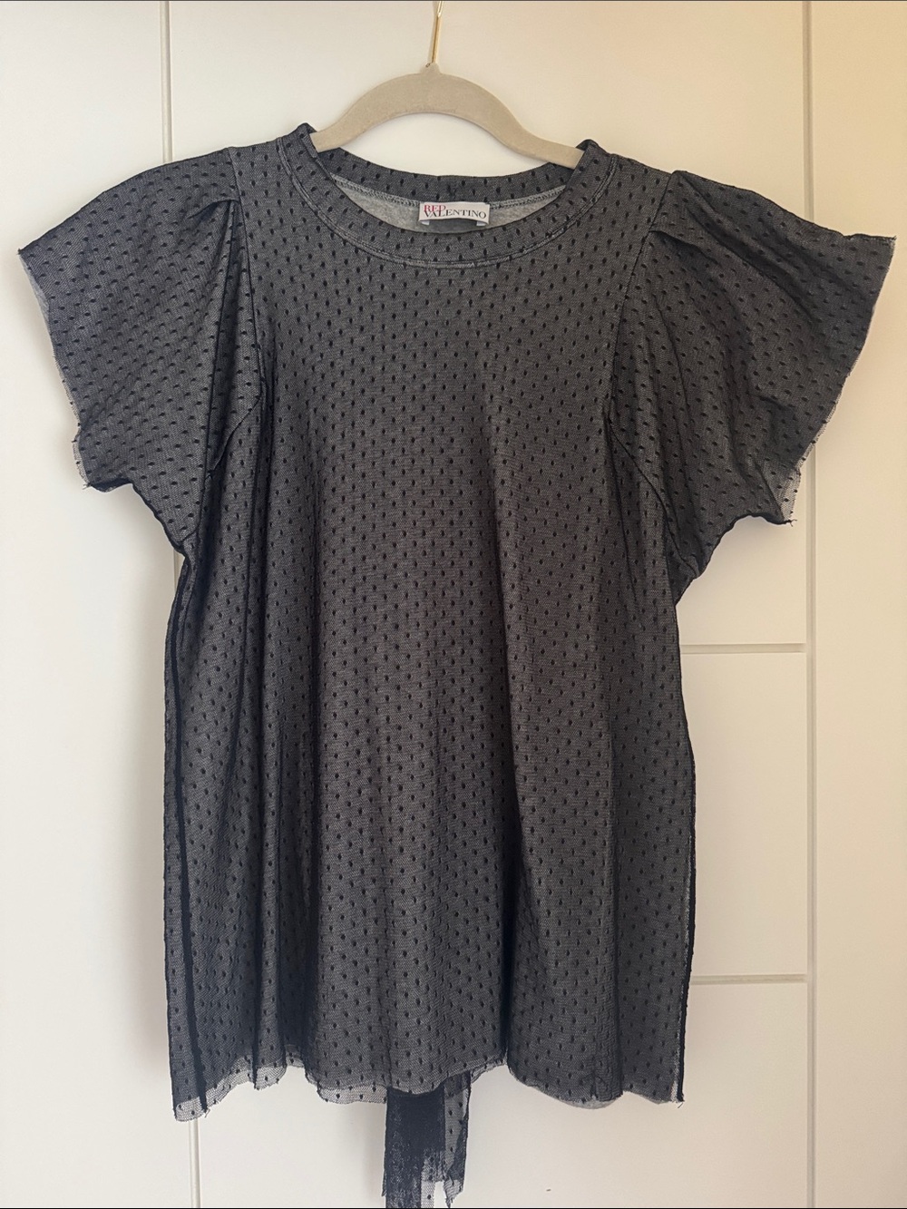 RED Valentino Black Dotted Mesh Flutter-Sleeve Top